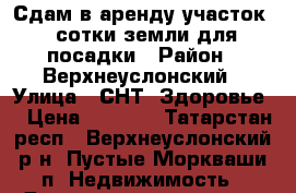 Сдам в аренду участок 4 сотки земли для посадки › Район ­ Верхнеуслонский › Улица ­ СНТ “Здоровье“ › Цена ­ 1 000 - Татарстан респ., Верхнеуслонский р-н, Пустые Моркваши п. Недвижимость » Дома, коттеджи, дачи аренда   . Татарстан респ.